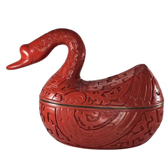 Vintage Red Cinnabar Duck Goose Swan Figure Lidded Box Lacquered - Picture 5 of 10